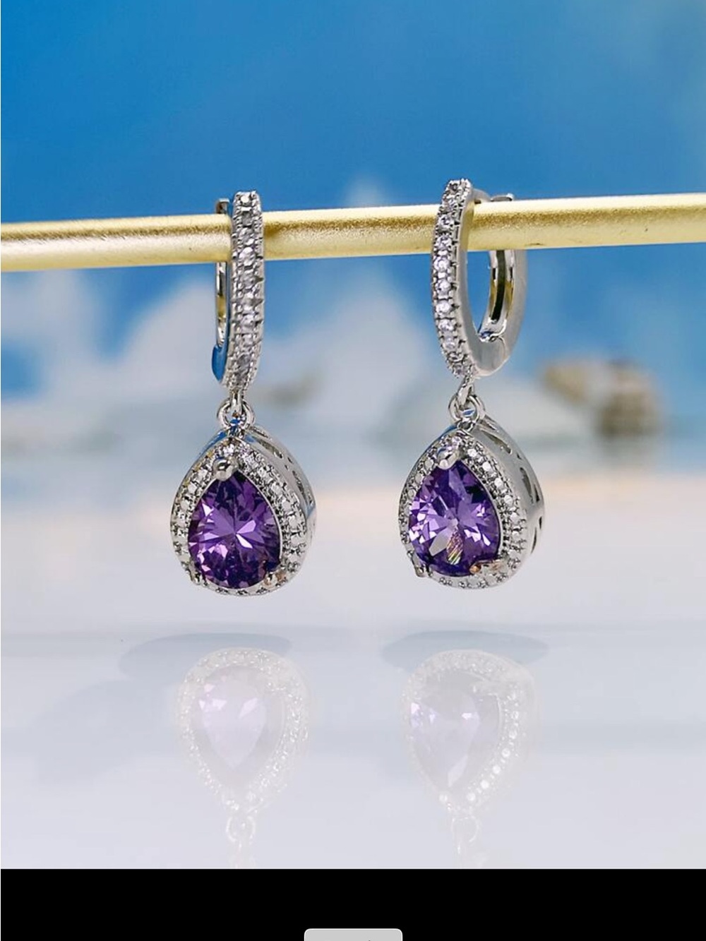 Silver Teardrop Amethyst Halo Drop Earrings - Purple